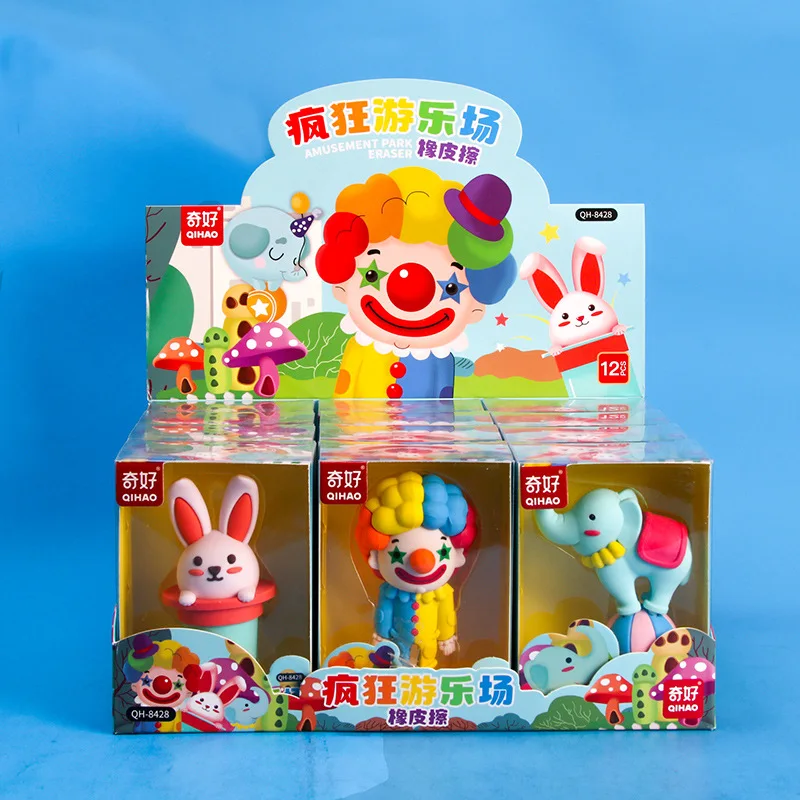 1card Eraser Zoo Cartoon Character Three-Dimensional Boxed Eraser Clown Magic Rabbit Acrobatic Elephant Eraser
