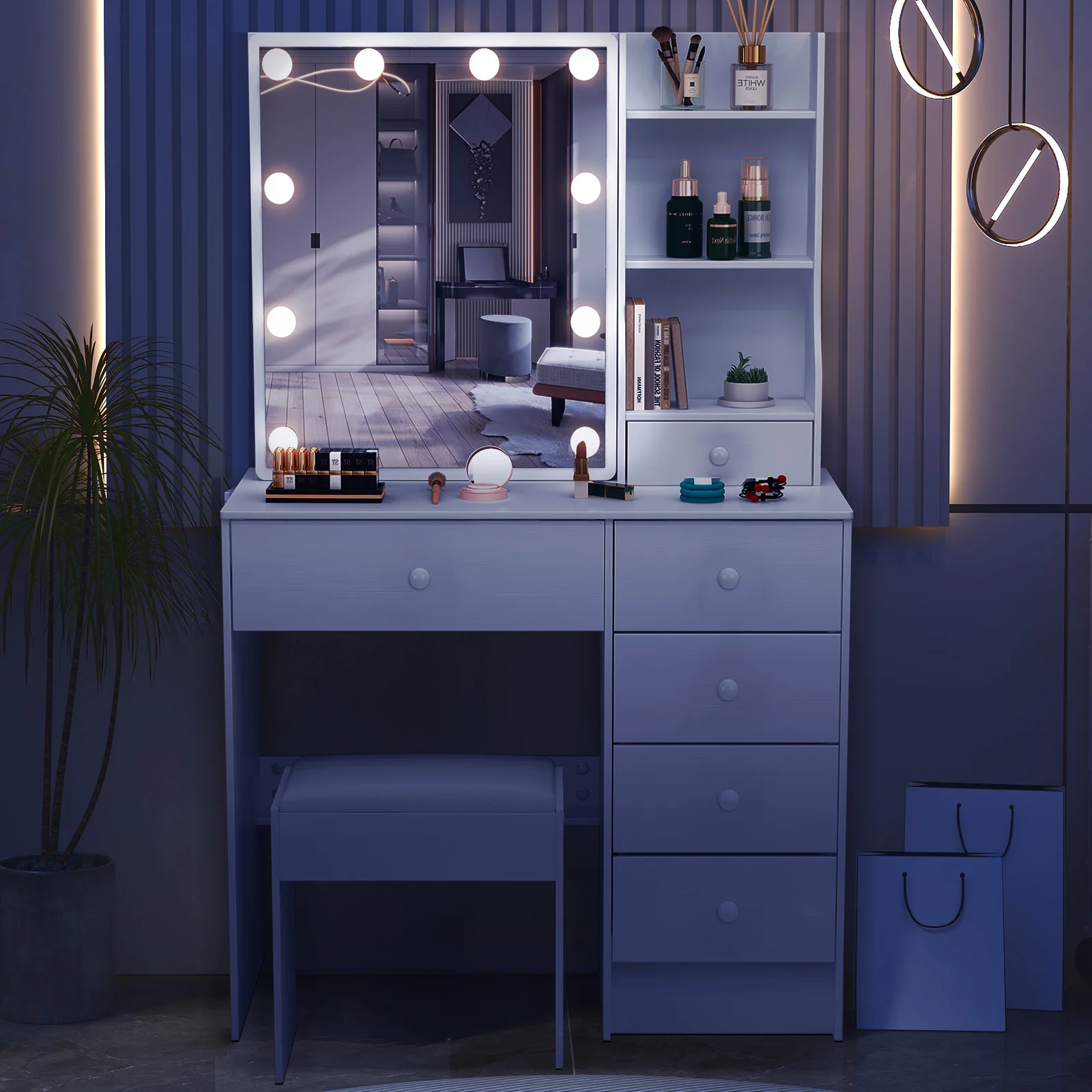 【صفقات 11.11، عروض الجمعة السوداء 2025】طاولة زينة مع 10 مرآة مضاءة LED و6 أدراج مجموعة طاولة تزيين للمكياج