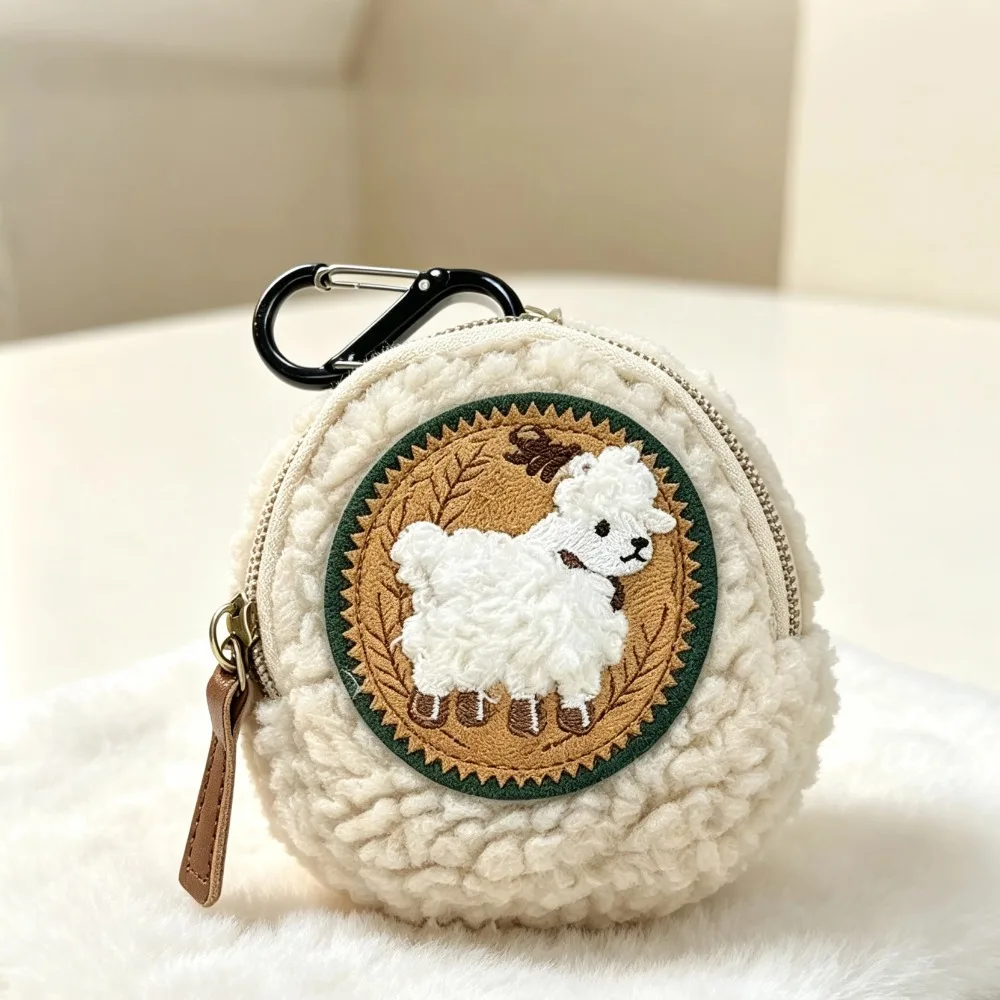 Cute Sheep Embroidery Plush Coin Purse Mini Zipper Pouch Portable Earphone Lipstick Storage Pouch Backpack Pendant Decor Gifts