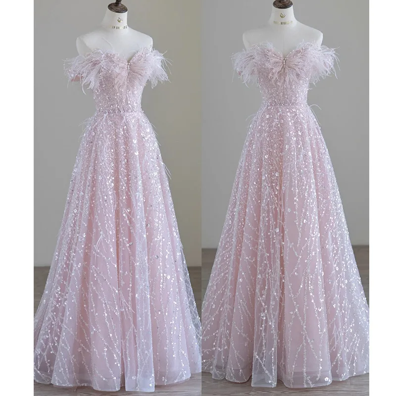 

2025 New Women's Summer Pink Feather Decorative One Shoulder Strapless Dress Fashionable Slimming Glitter Banquet Long Dress