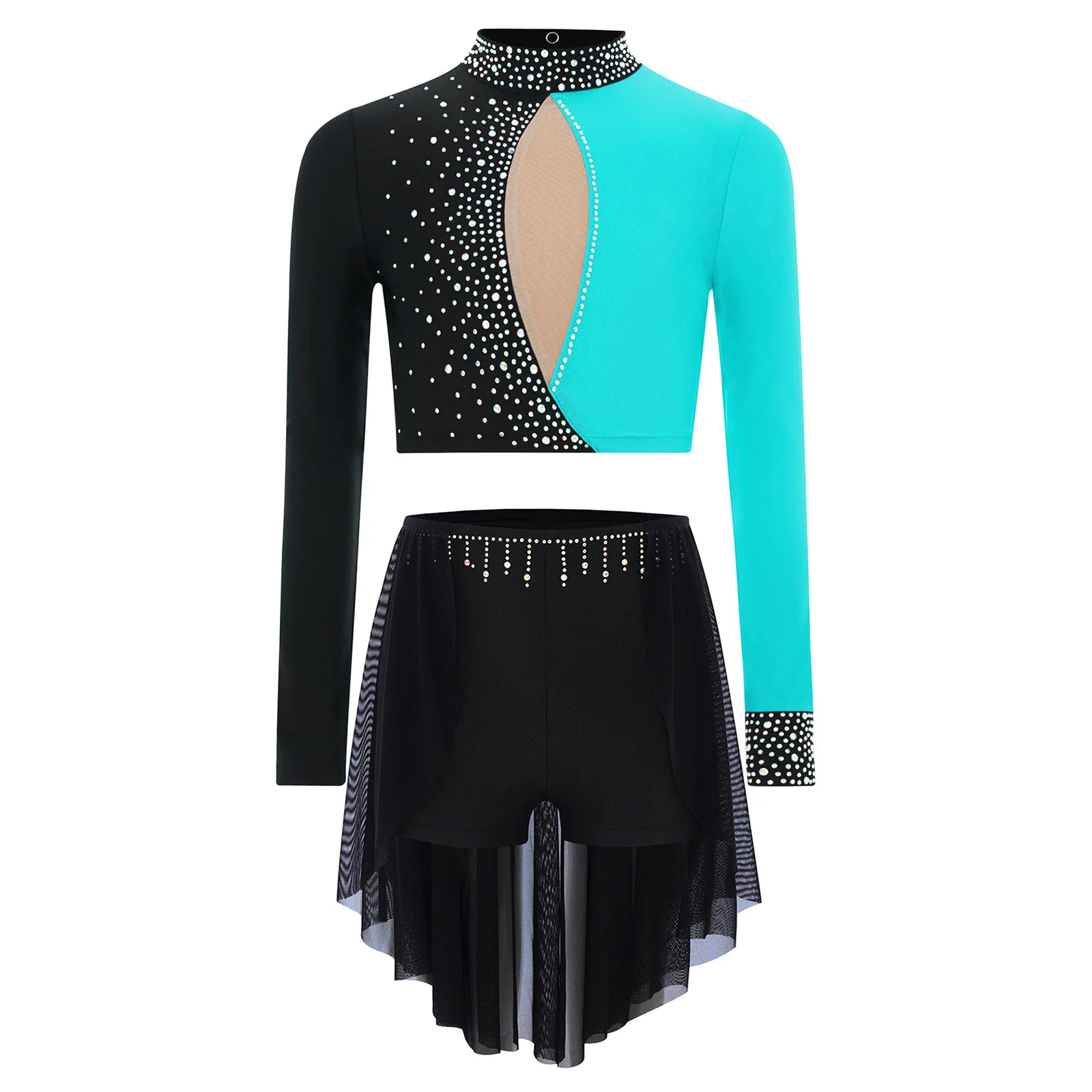 

Girls Lyrical Dance Figure Skating Dance Costume Rhythmic Gymnastic Sets Long Sleeve Color Block Rhinestones Crop Top with Skirt