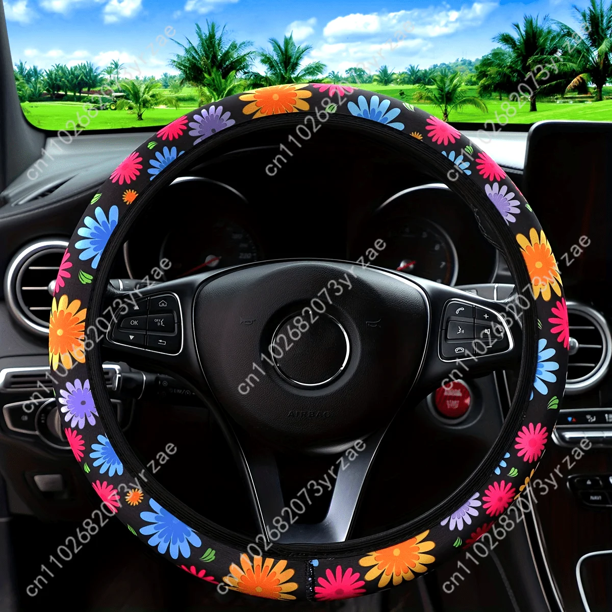 

Beautiful Colorful Chrysanthemum Car Steering Wheels Cover Universal Type Environmental Friendly Comfort Steering Wheel Wrap