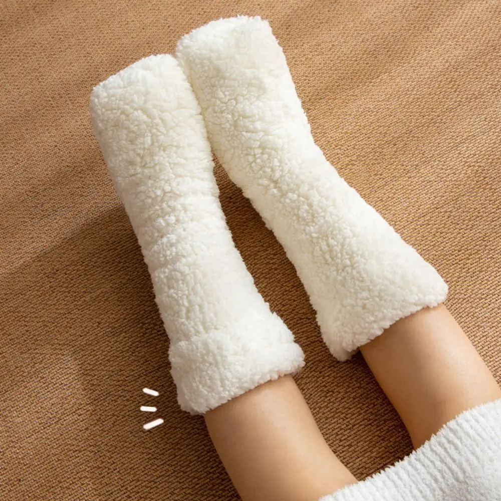 1 pair Gift Thickened Cotton Socks Solid Color Coldproof Winter Socks Home Slipper Girl