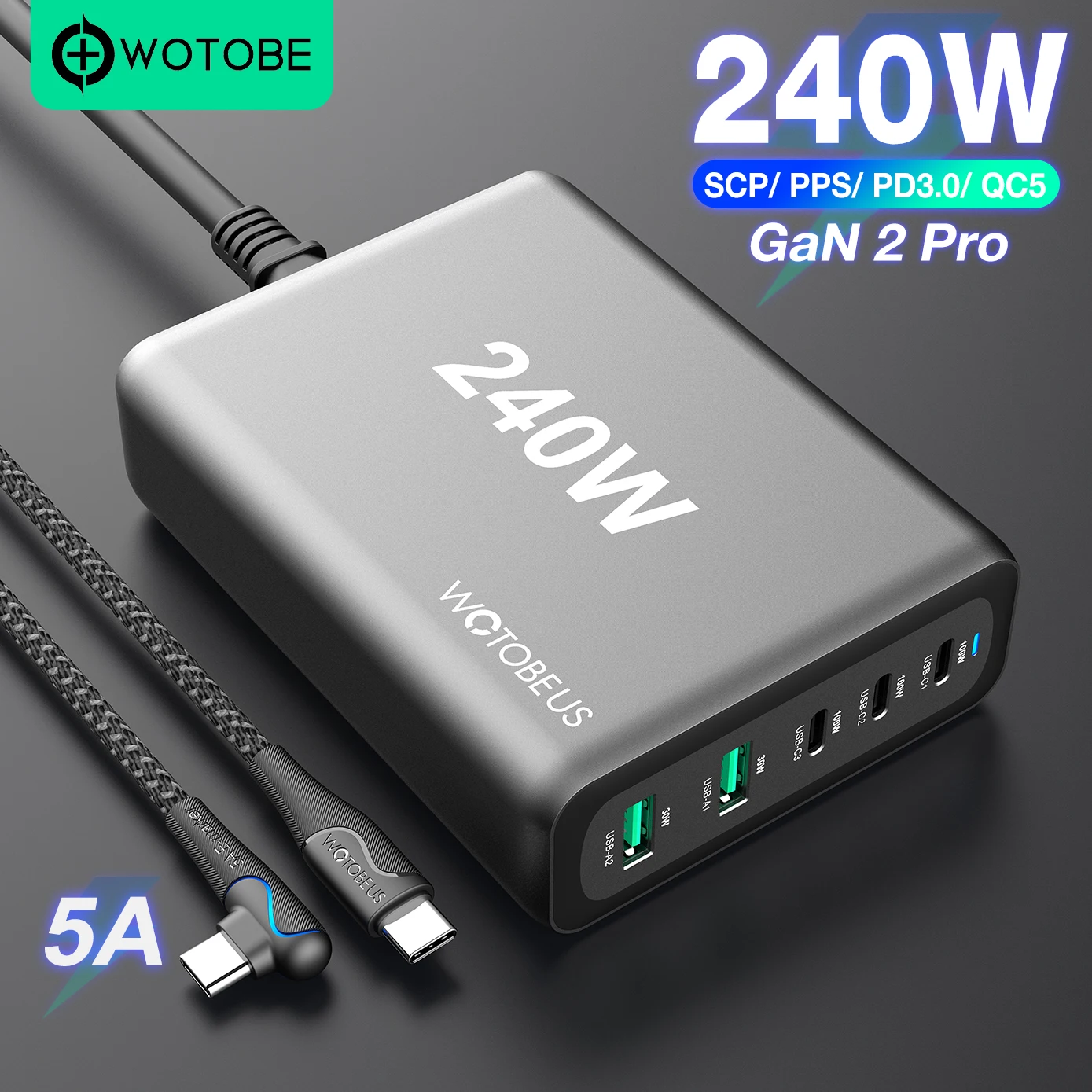 WOTOBE 240W GaN 2 Pro Charger USB-C Power Adapter,5-port PD100W PPS 65W 45W QC5 for MacBook iPad iPhone Galaxy MiBook Laptop