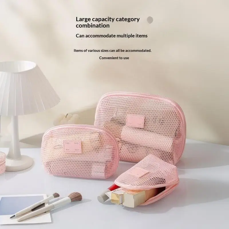 Atmungsaktive Mesh-Kosmetiktasche, Mehrzweck-Netzbeutel mit Reißverschluss, Reise-Toilettentasche für Damen, Organizer für Lippenstift und Hautpflege – Detail 6
