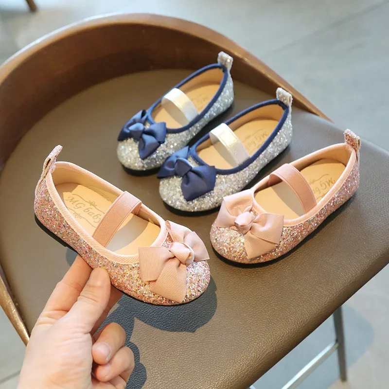 Spring Autumn Girls Bow Princess Shoe for Kids Flats Dance Shoes Baby Child Bling Party Women Silver Soft Bottom Woman Shoes