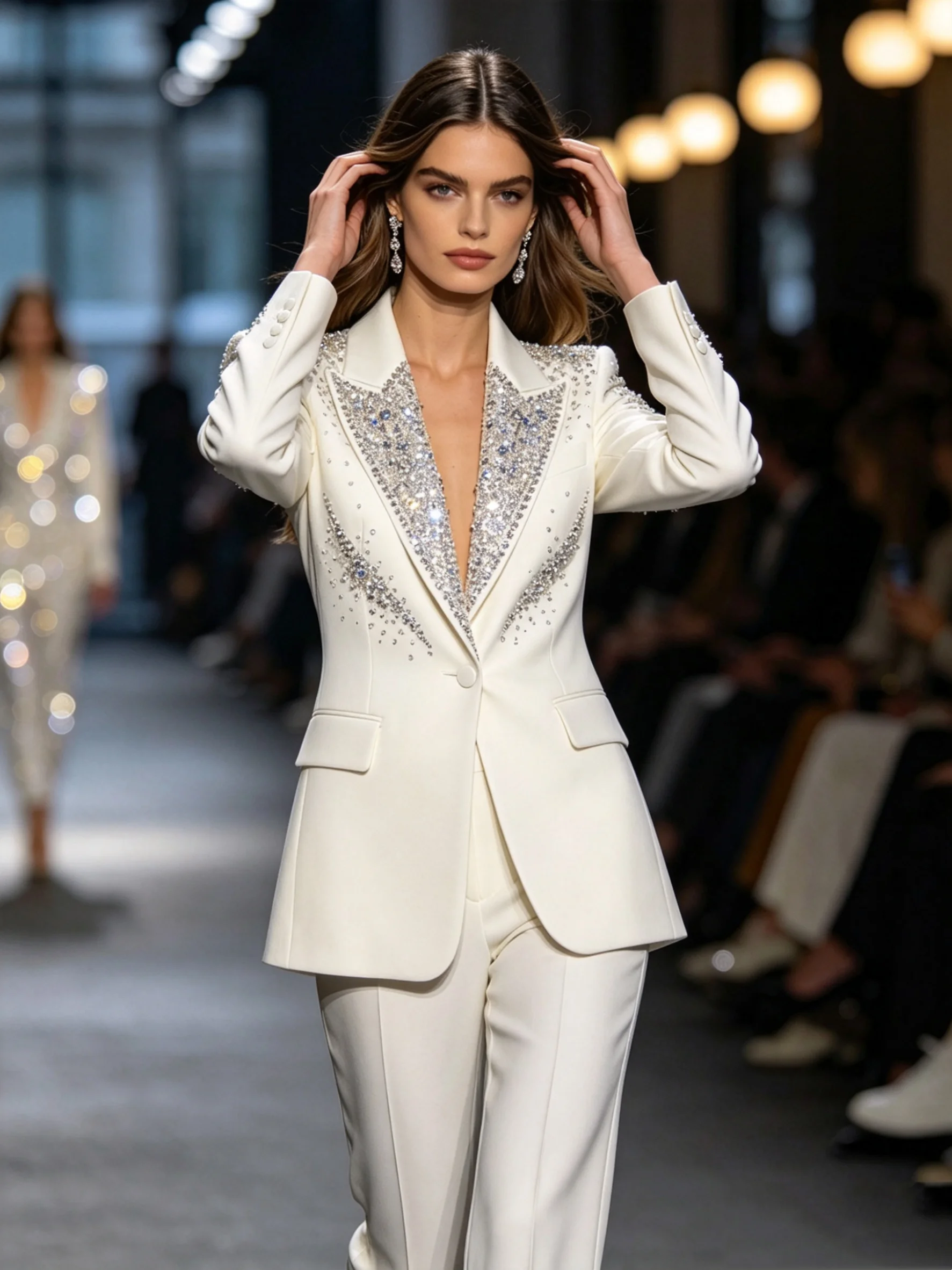 

Catwalk White Crystals Women Suit Set 2 Pcs Blazer Pants Spring Cotton Customized Formal Office Wedding Tuxedos Coat Prom Jacket