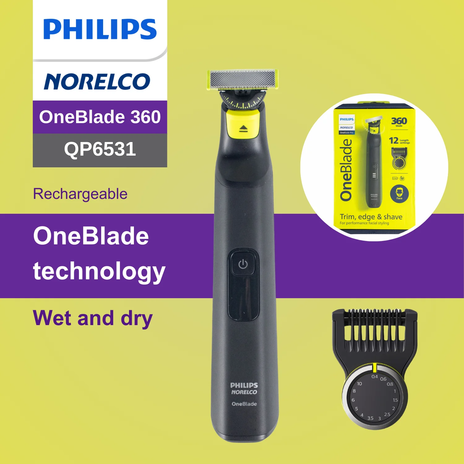 

Philips Norelco OneBlade 360 QP6531, Wet & Dry with Trimmer, Rechargeable, Up to 90 Minutes