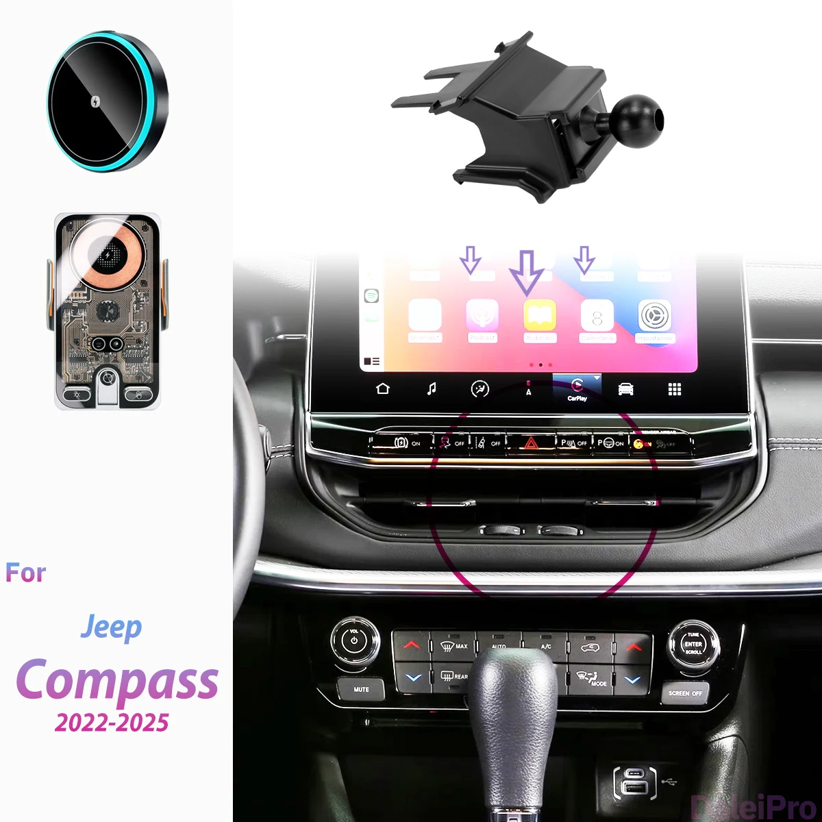 For Jeep Compass / Commander 2022-2025 Car Phone Holder Wireless Charger Holder Phone Auto-Clamping Strong Magnetic Holder Base