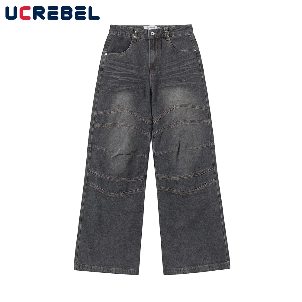 

Washed Distressed Spliced Jeans Mens Pocket High Street Loose Straight Pants Wide Leg Trousers Men