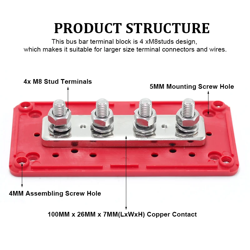 300A 12V DC Marine Insulated Junction Post 4* M8 Power Distribution Bus Bar Box Terminal Block For Automotive
