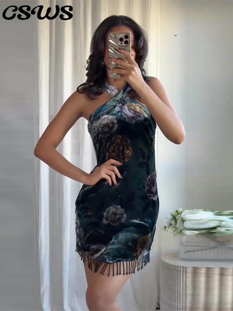 Seksowne sukienki imprezowe z frędzlami, krótkie, dopasowane, bez rękawów, z dekoltem typu halter, odkryte plecy, eleganckie sukienki wieczorowe, damska moda, sukienki na zimę i wiosnę.