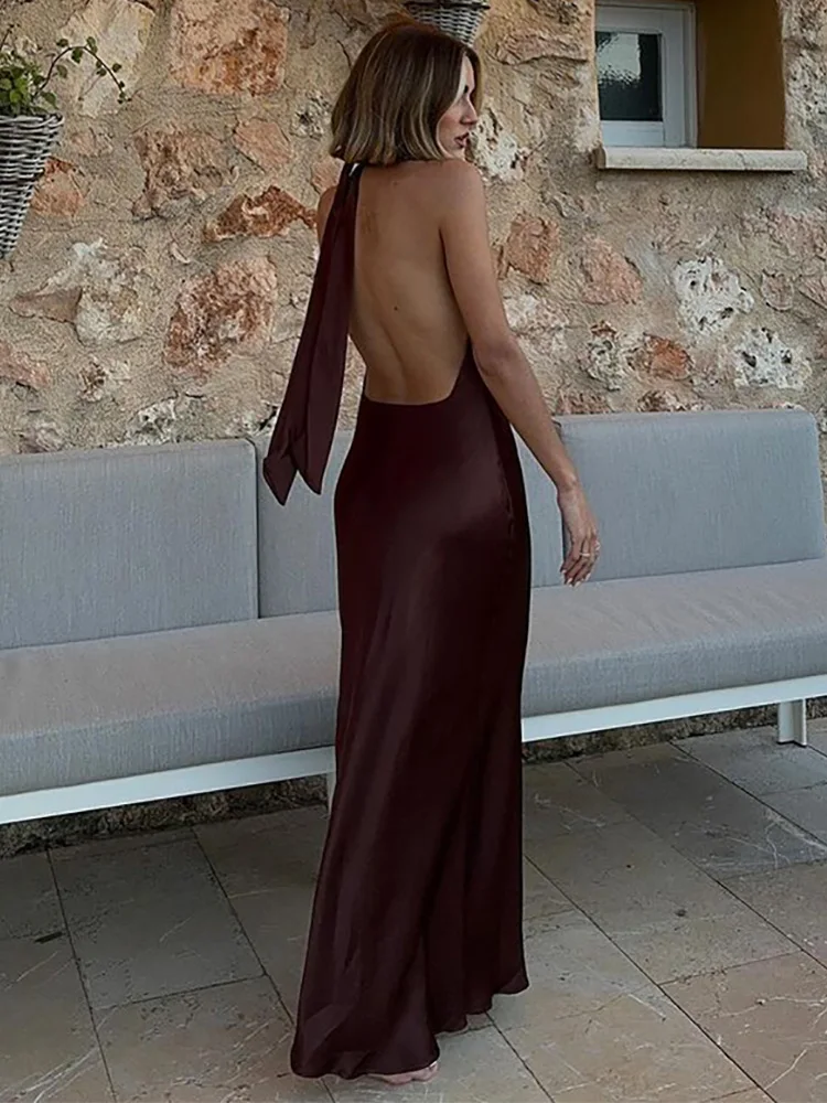 Wedding Guest Elegant Long Dresses For Women Summer Satin Maxi Dress Halter Neck Sexy Backless Date Night Evening Party Dress