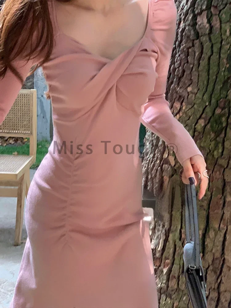 Winter Pink Vintage Sweet Dress Women Flods Designer Elegant Midi Dress Female Casual Korean Fashion One Piece Dress 2023 New