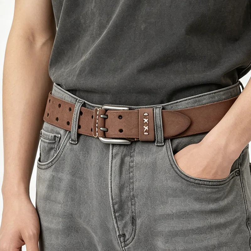 Top Grain Cowhid Men Leather Belt Retro Handcrafted Style Unique Cowhide Genuine Pin Buckle Denim Male Waist Dress