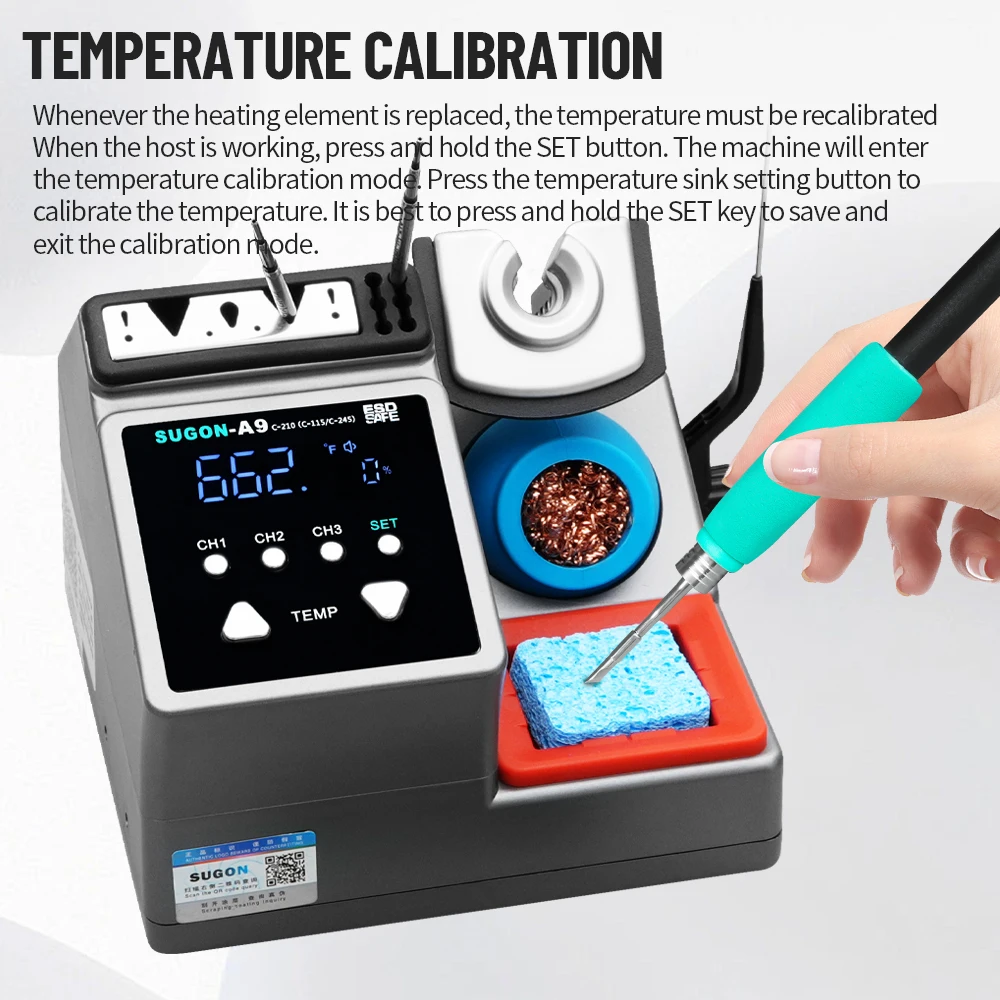 SUGON A9 245 Soldering Station – 120W, Fast 3-Second Heat To 716°F, 212-842°F Range, 3 Tips, LCD Display, Auto Hibernation