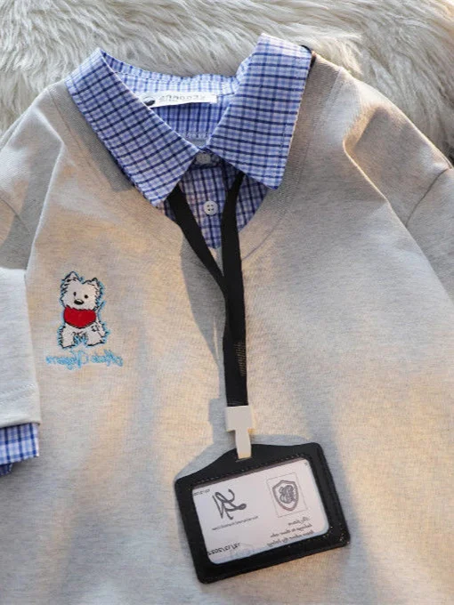 

Japanese Sle Embroidered Dog ort Sve T-irt Women Summer Loose Cotton Patchwork Ne Top Korean Sle Casual Wear