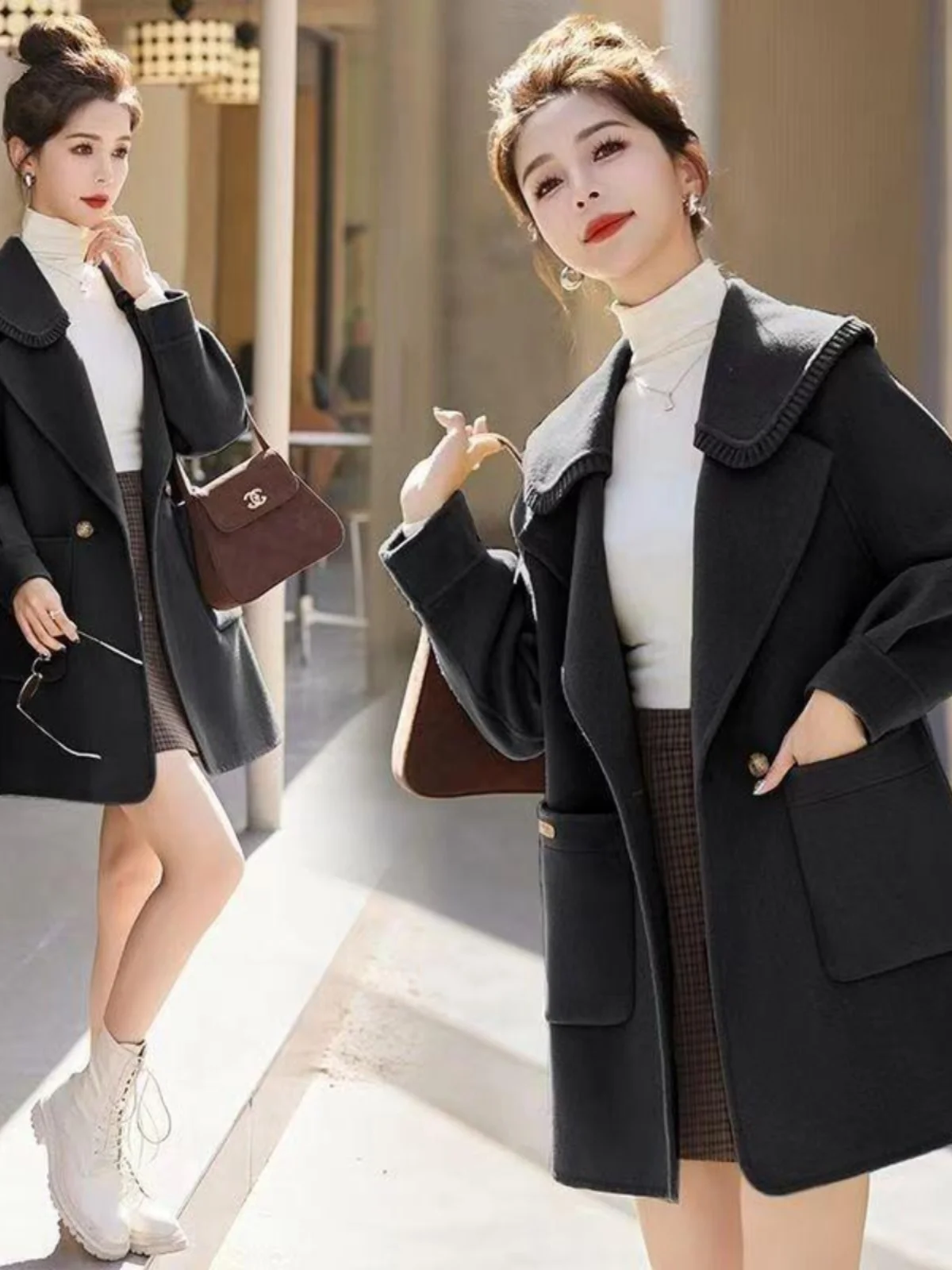 معاطف مزيج الصوف المرأة معطف الصوف الأحمر الخريف المخلوطة اللون حجب الوقوف طوق أنيقة ناضجة النمط الكلاسيكي مكتب سيدة #6