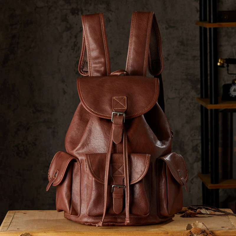 Sac à dos rétro en cuir véritable pour homme, cuir de vachette, sac d'école, grande capacité, sac à dos pour ordinateur portable, voyage, extérieur, bureau, affaires