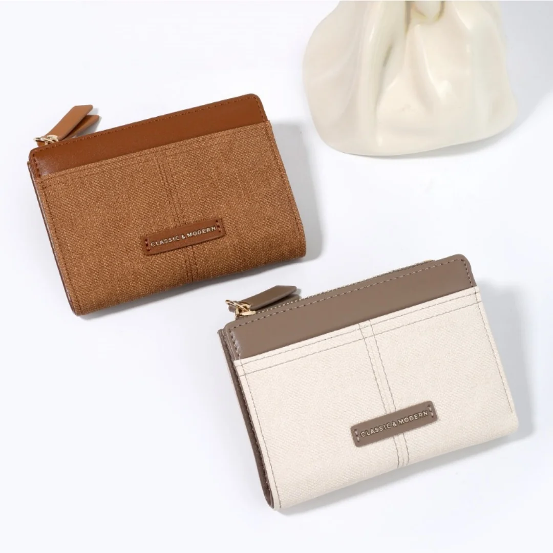 Women Short Wallet Canvas PU Spliced Bi-fold Purse Multi Card Slots Zipper Coin Pocket Classic Small Clutch For Daily Use