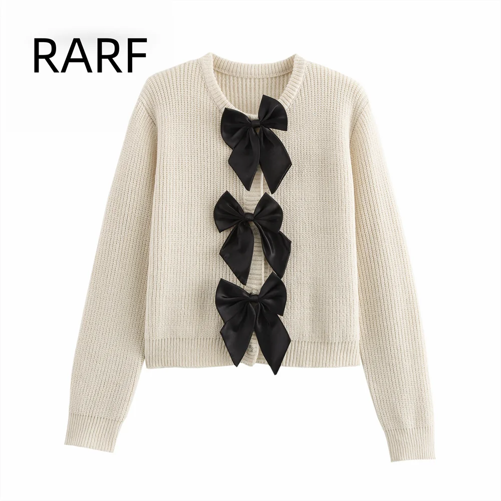 

Women's clothing 2024 autumn new item soft round neck long sleeved bow knit cardigan sweater jacket top