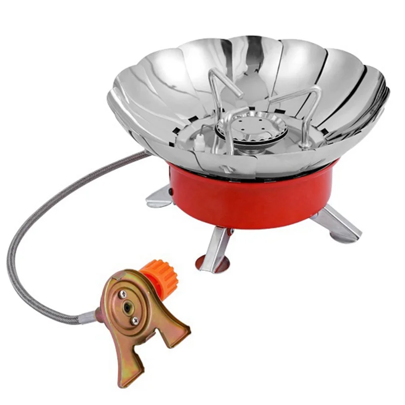 Windproof Piezo Ignition Lotus Gas Stove Outdoor Cooking Gas Burner Cookware with Adapter for Camping Hiking Picnic