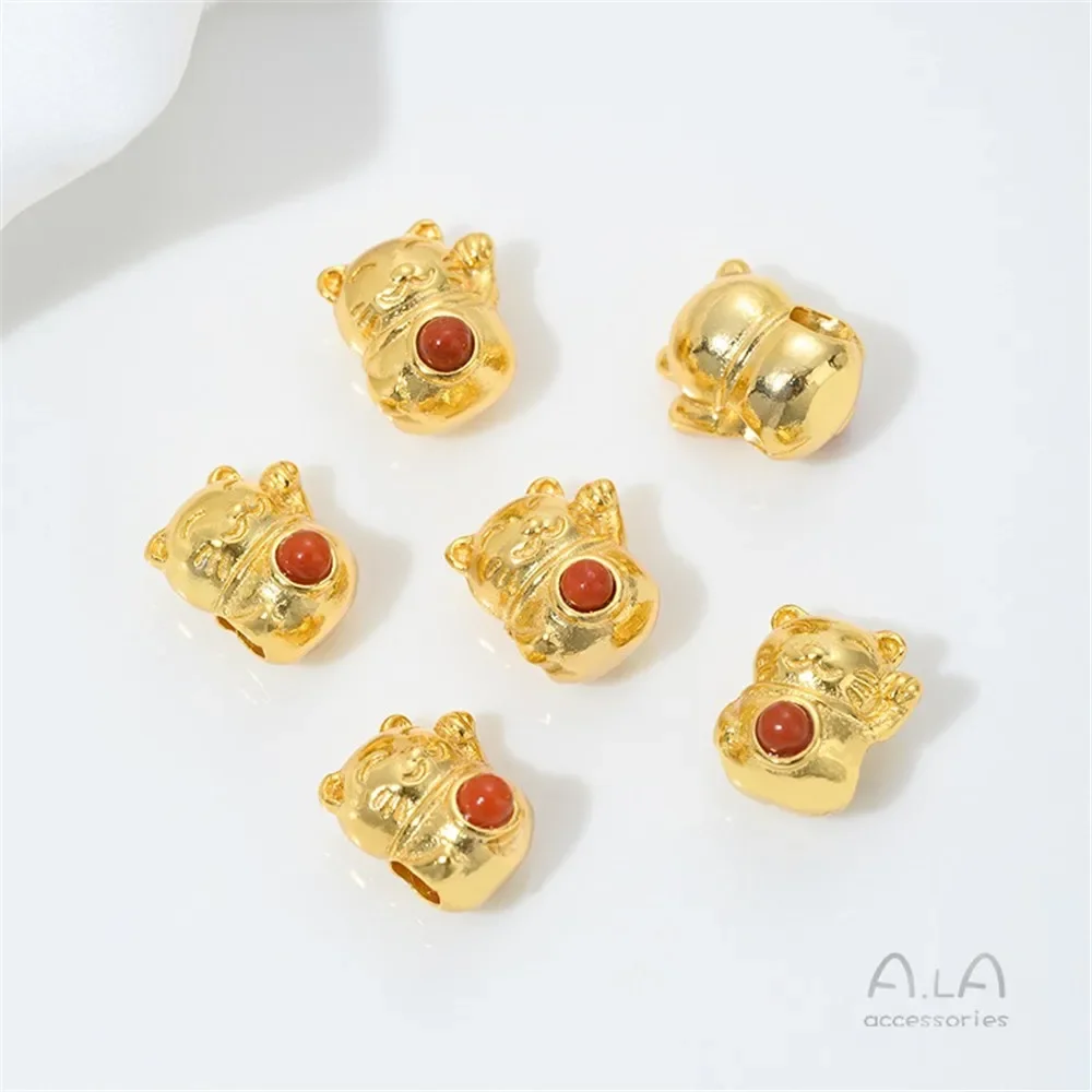مطلي 24K الذهب الحقيقي مطعمة مع Nanhong محظوظ القط القرع Pixiu فراشة حلقة سطح مسامية حبة التقسيم مجوهرات اكسسوارات #3