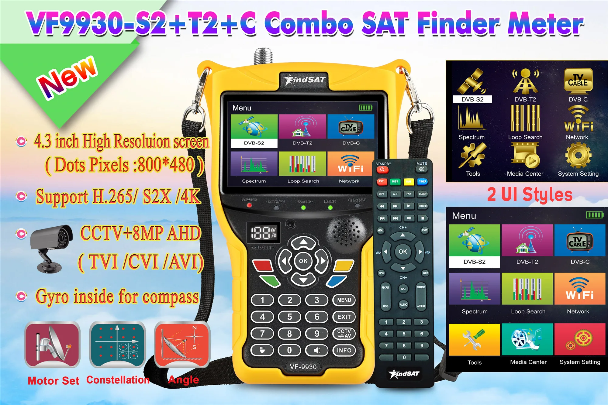 Findsat VF-9930 مكتشف اختياري CCTV DVB-S2/T2 MPEG4 H.265 الأقمار الصناعية مكتشف VF9930 HD Satfinder متر إشارة اختبار 4.3 بوصة LCD