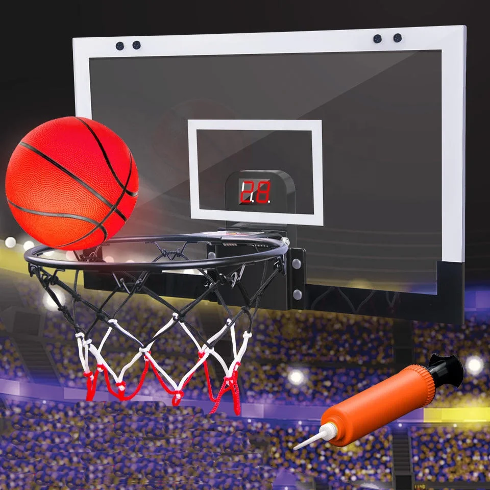 2025年自動LEDスコアリングミニバスケットボールフープ、子供用室内遊び、ボールエアポンプ付きドア掛け、新デザイン、プラスチック製