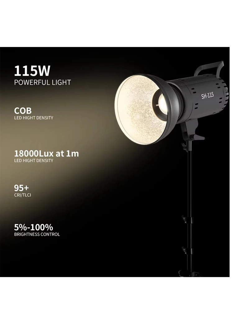 COB Video Light 115W Photography Lamp 3200-5600K Dimmable For Studio Video Shooting Portrait Live Streaming Continuous Lighting