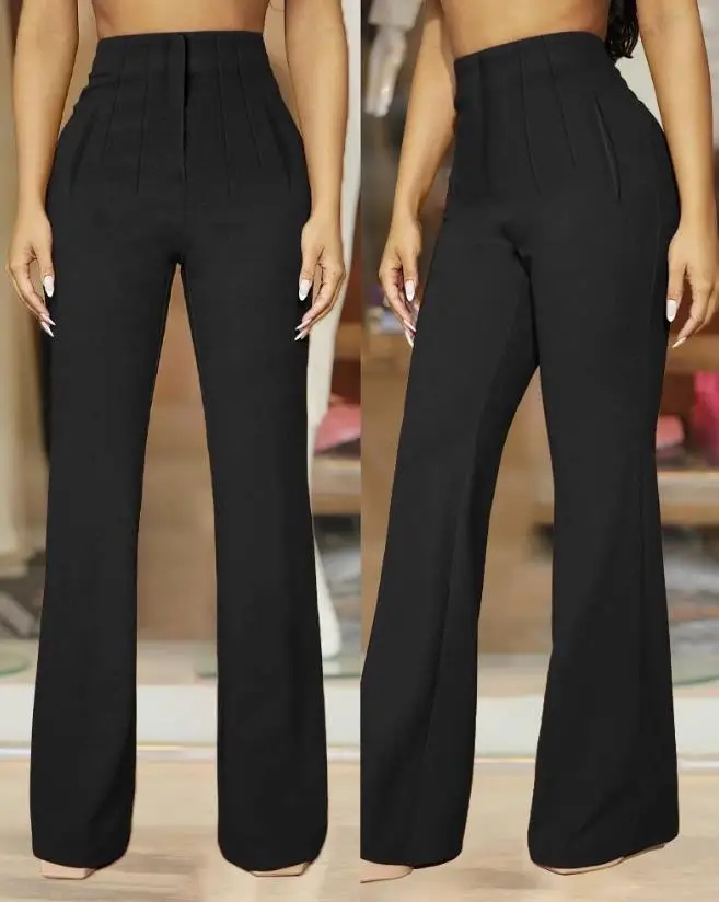 

Women Casual High Waist Trousers 2024 Daily Clothing Work Office New Fashion Plain Ruched Women's Elegant Flared Pants