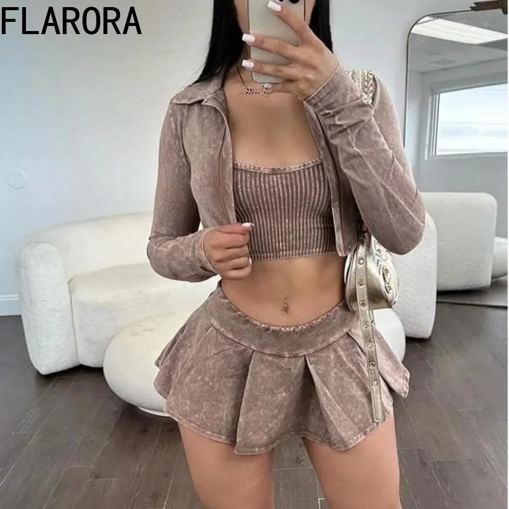 FLARORA Fashion Tie Dye Vintage Washed Vest And Jacket Coat And Mini Pleated Skirts 3 Piece Sets Female Y2k Streetwear Outfits