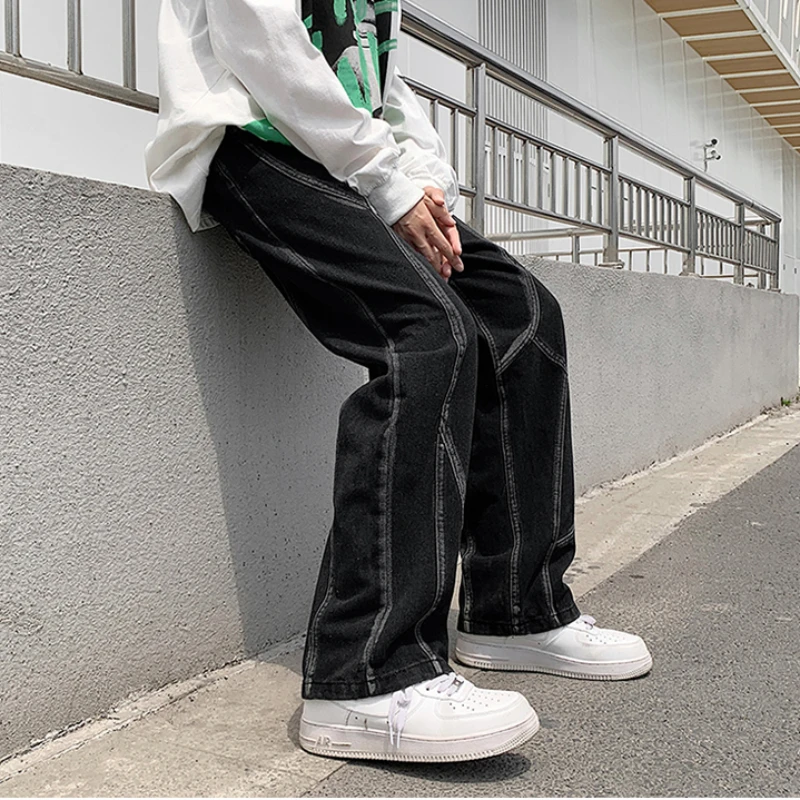 Jeans Men Spliced Baggy Wide Leg Full Length High Street Japanese Style Hip Hop Retro Denim Trousers Autumn Skateboard Boys New