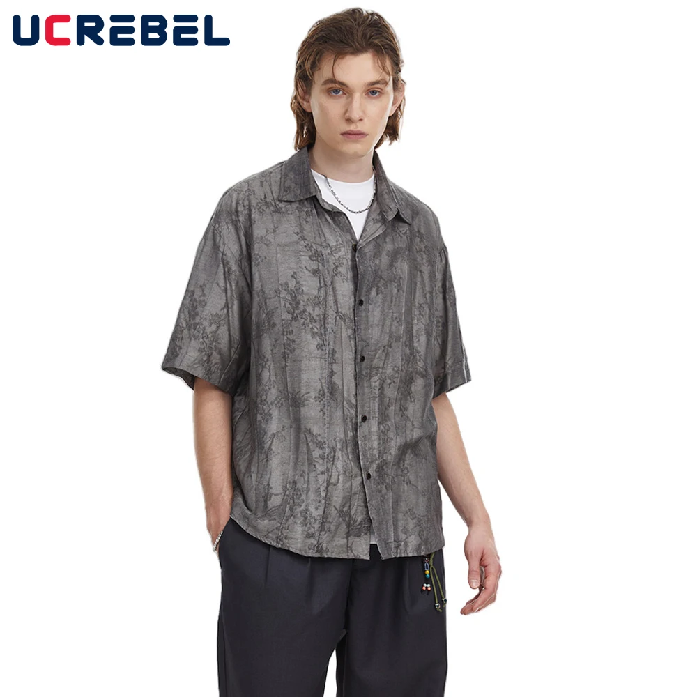 

Retro Jacquard Short Sleeve Shirts Mens Summer High Street Single Breasted Half-Sleeve Lapel Loose Shirts Men