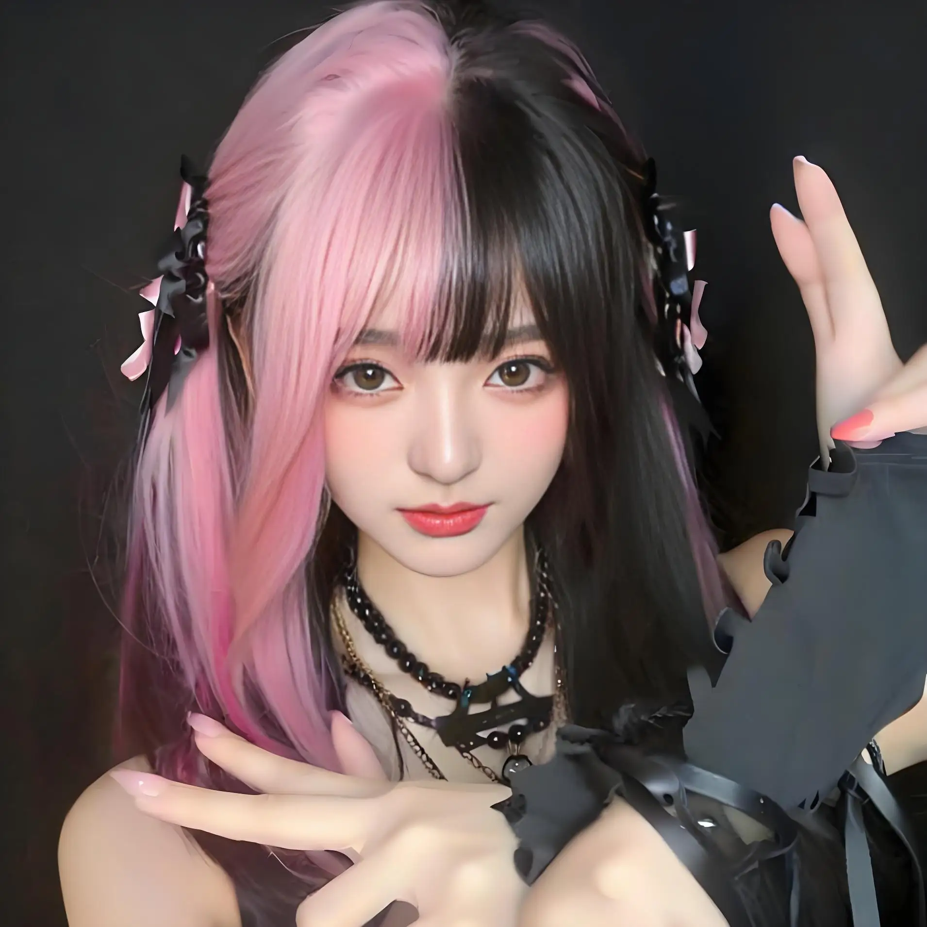 Wig Women's Double Cos Wig Distinctive Black Powder Double Coat Gradient Long Straight Hair Air Bangs Full Top Headgear