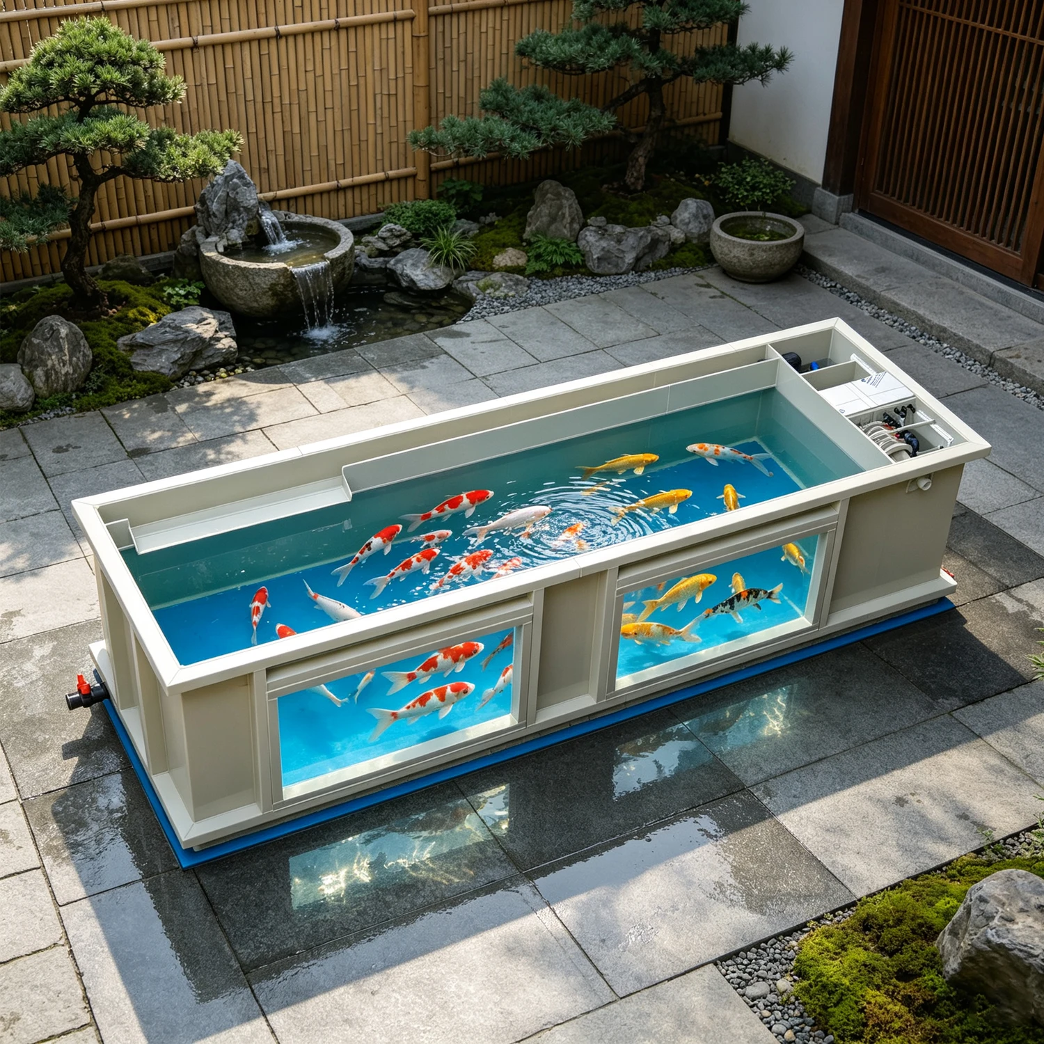 Custom Food Grade PP Koi Pond With Integrated Viewing Acrylic Window Waterfall For Fishing Farm Aquaculture Equipment