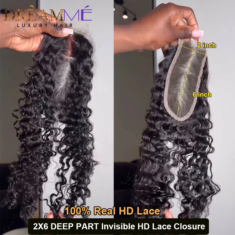 100% Real HD Lace Closure Deep Parting Kim K 2x6 Lace Closure Curly Pre Plucked Brazilian Remy Human Hair HD Lace Closure Only