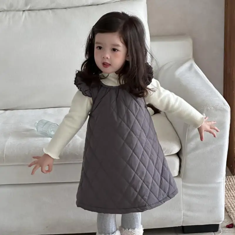 

2025 Winter New Baby Sleeveless Strap Dress Plus Velvet Thick Girls Vest Dress Solid Toddler Cotton Warm Dress Infant Clothes