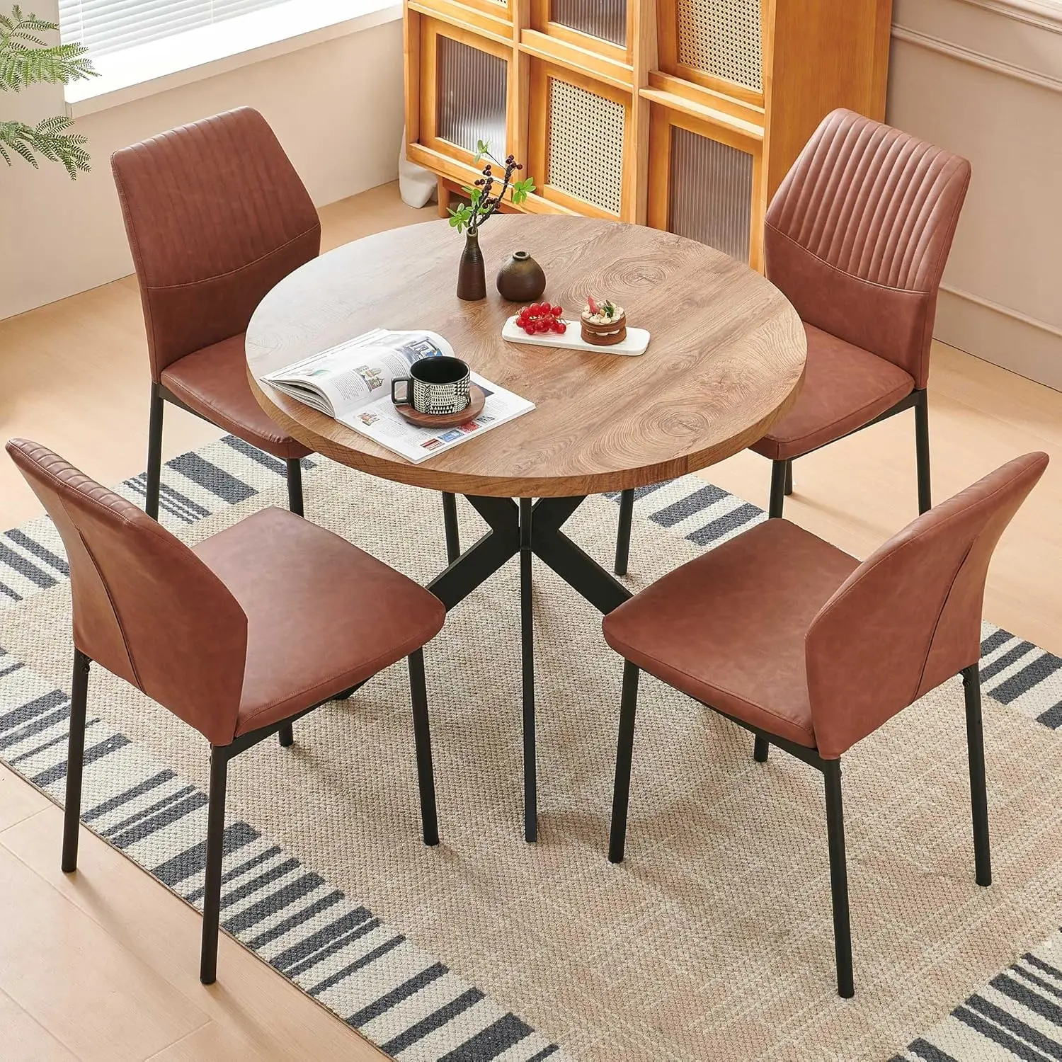 5-Piece Dining Set, 37-Inch Round Table with 4 Chairs, Circle Kitchen Table for Apartment, Engineered Wood, Faux Leather Brown.