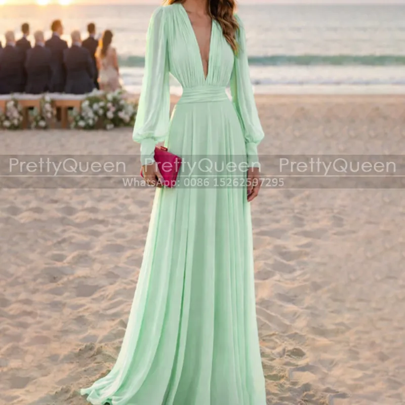

Sexy Plunging Neck Bridesmaid Dresses Long Sleeves A Line Customized Flowy Chiffon Wedding Party Dress Maid Of Honor