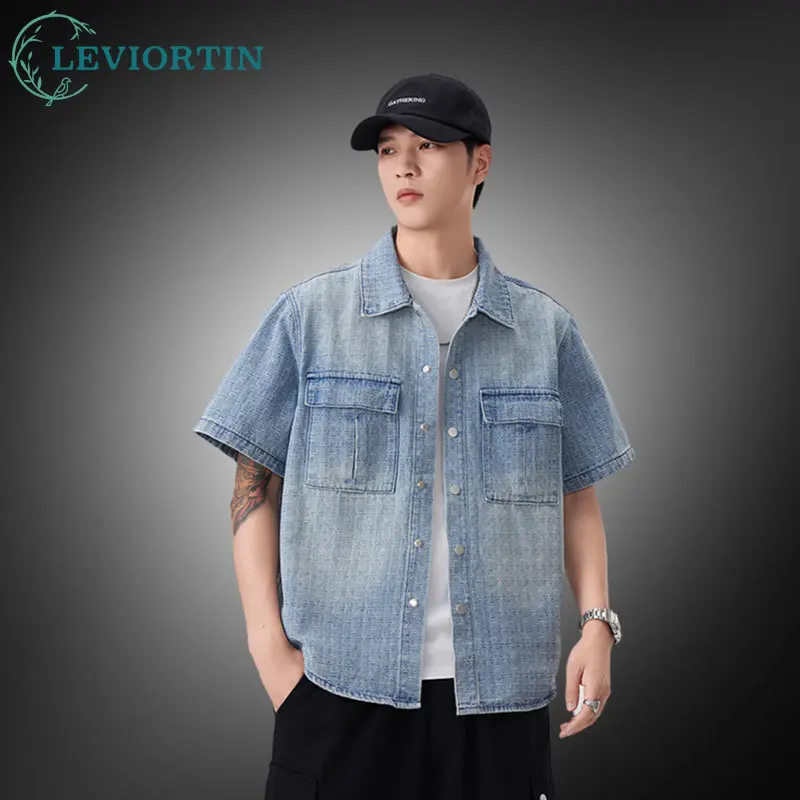 

Мужская летняя тяжелая жаккардовая джинсовая рубашка с коротким рукавом, винтажная стильная стильная рабочая одежда, дышащая удобная повседневная рубашка