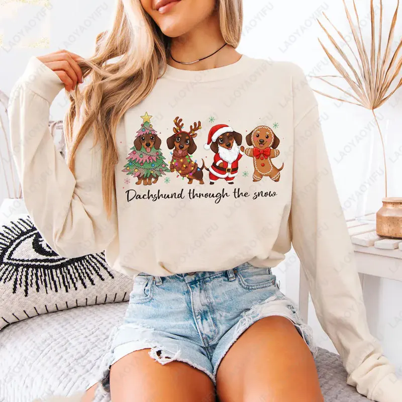 Modisches Weihnachtsgeschenk für Verliebte, lustiges Dackelbesitzer-Geschenk, Weihnachtsmann, Wiener Hund, Mutter, Rundhalspullover, Frau, Kawaii-Kapuzenpullover