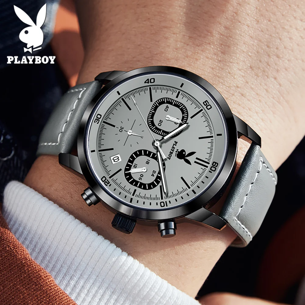 PLAYBOY Top Brand Fashion Watch for Men Leather Strap Luxury Quartz Men's Watches High Quality Casual Waterproof Wrist Watch Men