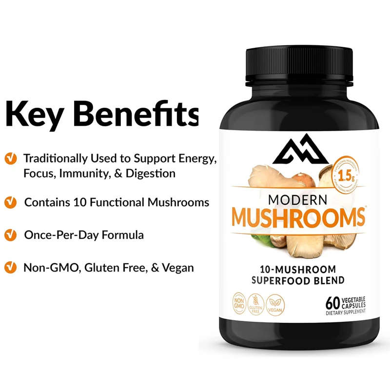 

Mushroom supplement containing lion mane, turkey tail, and cordyceps, focusing on immune and digestive functions, 60 capsules