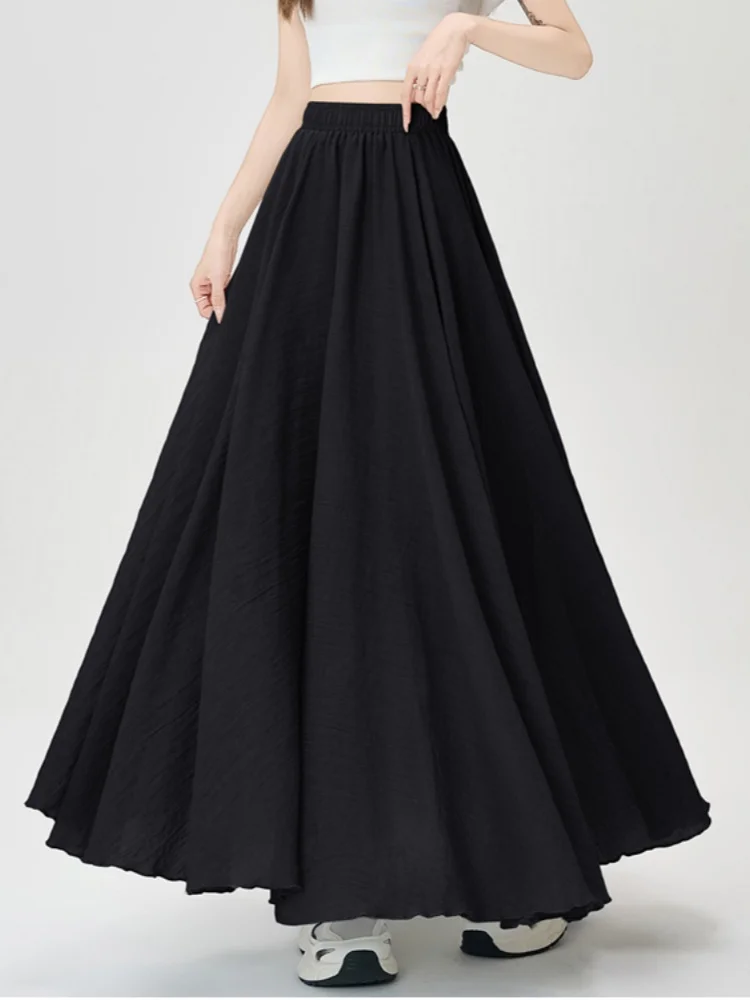 

Solid Cotton linen Midi Skirt For Women Summer 2025 Slim Elegant Floor Length Skirt Big Swing Oversized A-line Umbrella Skirt