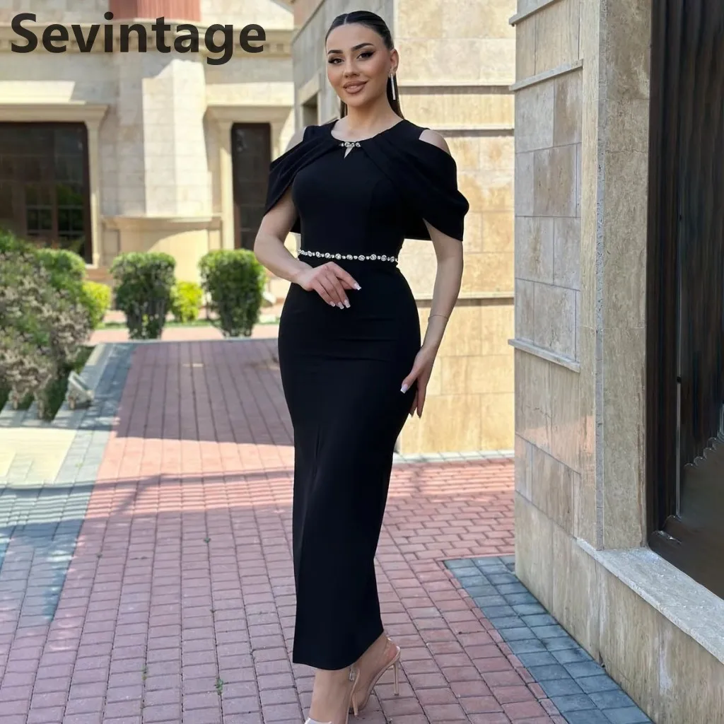 

Sevintage 2025 Black Mermaid Jersey Evening Dress Off Shoulder Ankle Length Belt Prom Dress Saudi Arabic Party Gown Customized