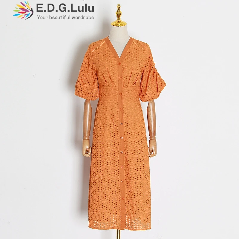 EDGLuLu V-Neck Lantern Sleeves White Dresses For Woman Single Breasted Lace Embroidered Floral Long Dresses Leisure Vacation0930