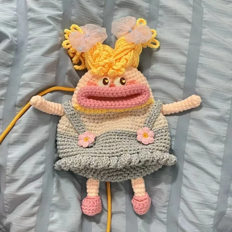 No-finished Product Lollipop Sweet Girl Sausage Mouth Mobile Phone Handmade DIY Crochet Cute Big Bag Ugly  Doll Woolen Crossbody