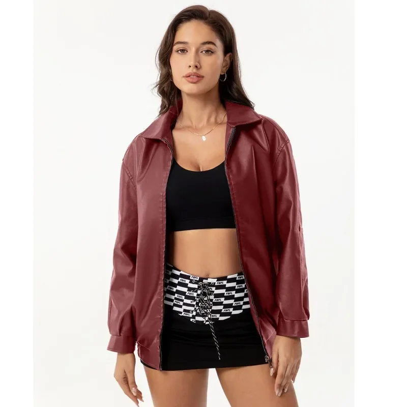 Blouson aviateur en cuir à manches longues pour femme, veste surdimensionnée pour femme, revers, combiné décontracté, printemps, automne, nouveau, 2025