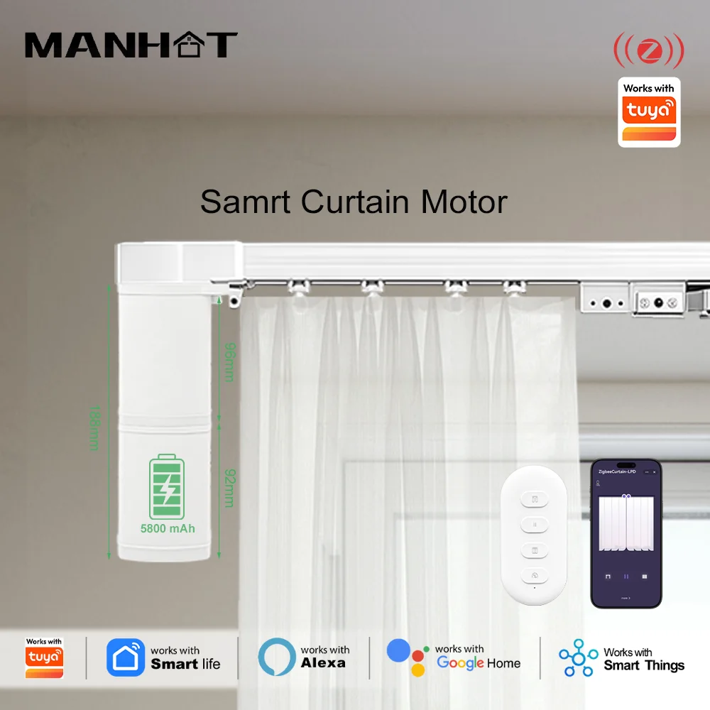 

MANHOT 5rd Smart Zigbee Electric Curtain Motor Silent Shutter Motor With 5800mAh Battery Work With Alexa Google Home Yandex
